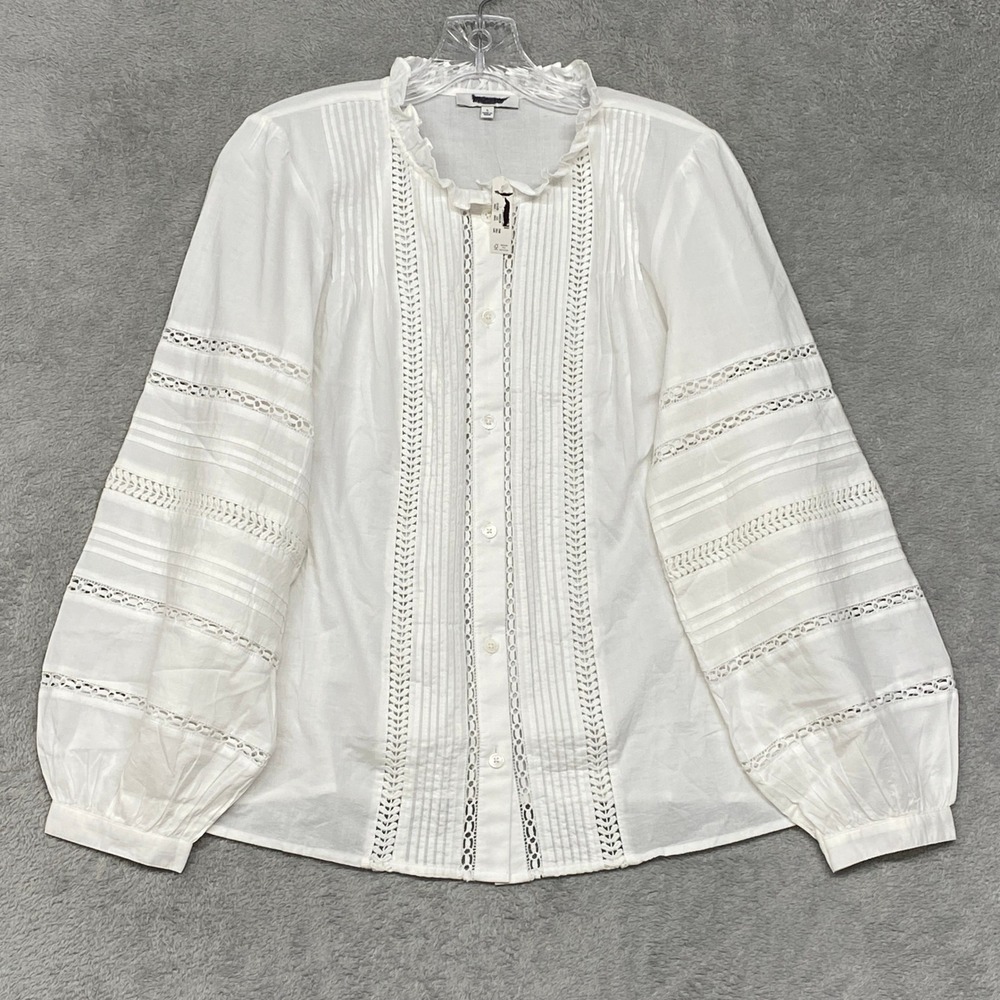 Madewell Top Womens Large White Lace Insert High Neck Pintuck Classic NZ418 - Picture 5 of 11